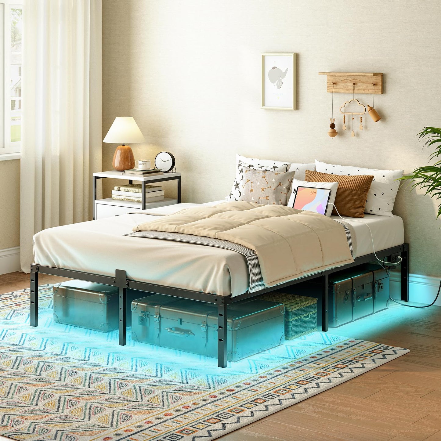 HOOBRO Full Metal Bed Frame with Charging Station & LED Lights