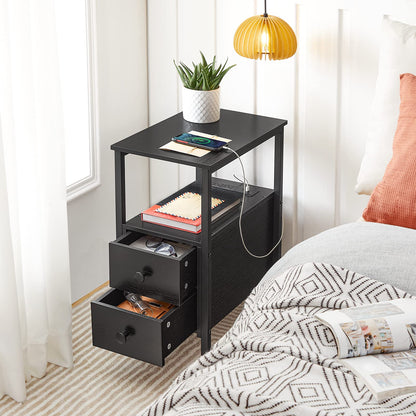 HOOBRO Black Narrow Side Table with 2 Drawers & USB Port & Power Outlet