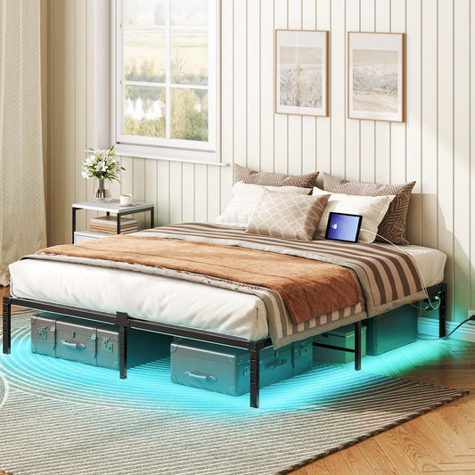 HOOBRO King Metal Bed Frame with LED Lights & Charging Station
