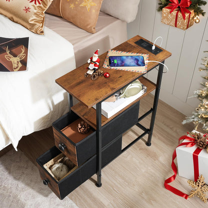 HOOBRO End Table with Charging Station, Narrow Side Table with 2 Fabric Drawers, Skinny Nightstand with Storage, Slim Bedside Table for Living Room, Small Spaces, Rustic Brown and Black BF487UBZ01