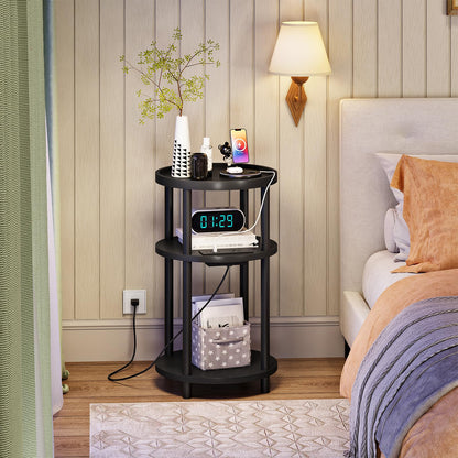 HOOBRO 3-Tier Bamboo Round Side Table with Charging Station
