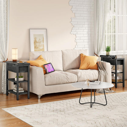 HOOBRO End Table with Charging Station, Narrow Side Table, Flip Top Nightstand with USB Ports and Outlets, Bedside Tables with Shelf for Small Spaces, Living Room, Charcoal Black BC341BZ01