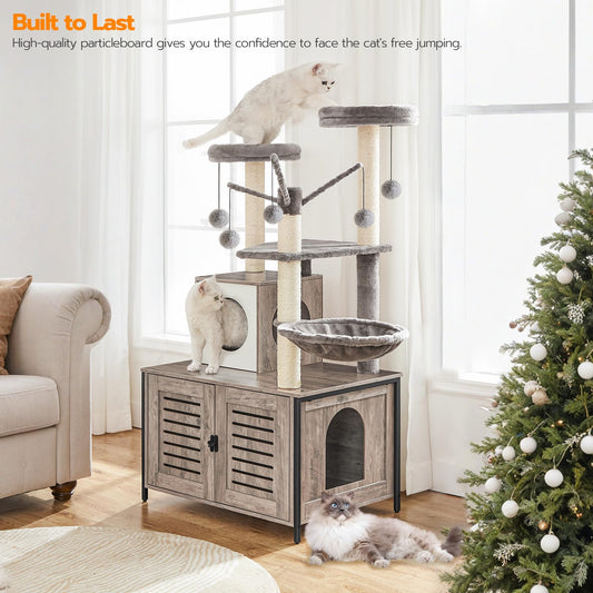 HOOBRO Wooden Cat Tree with Litter Box Enclosure