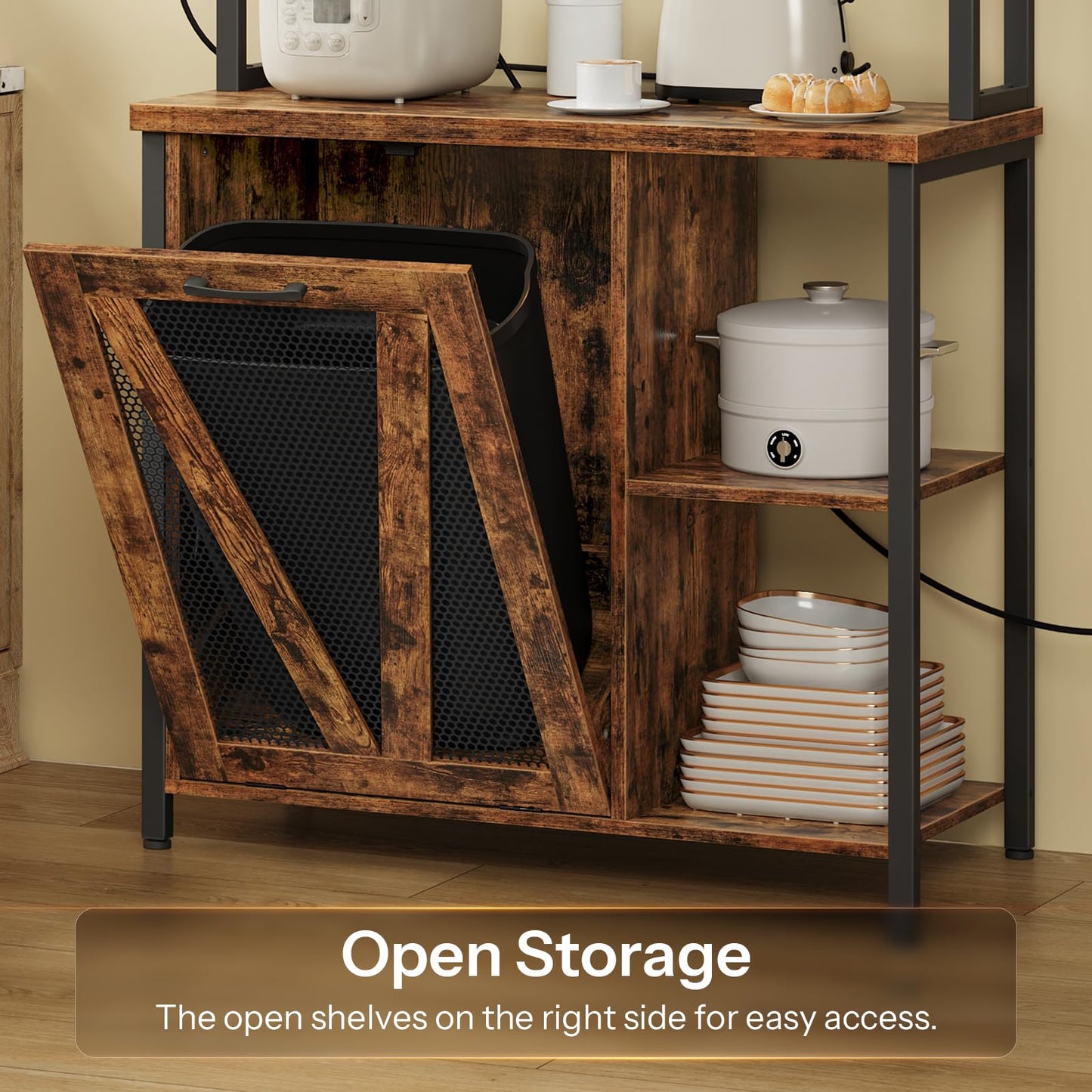 HOOBRO 6-Tier Microwave Baking Rack with Trash Can Cabinet & LED Strip & Outlet