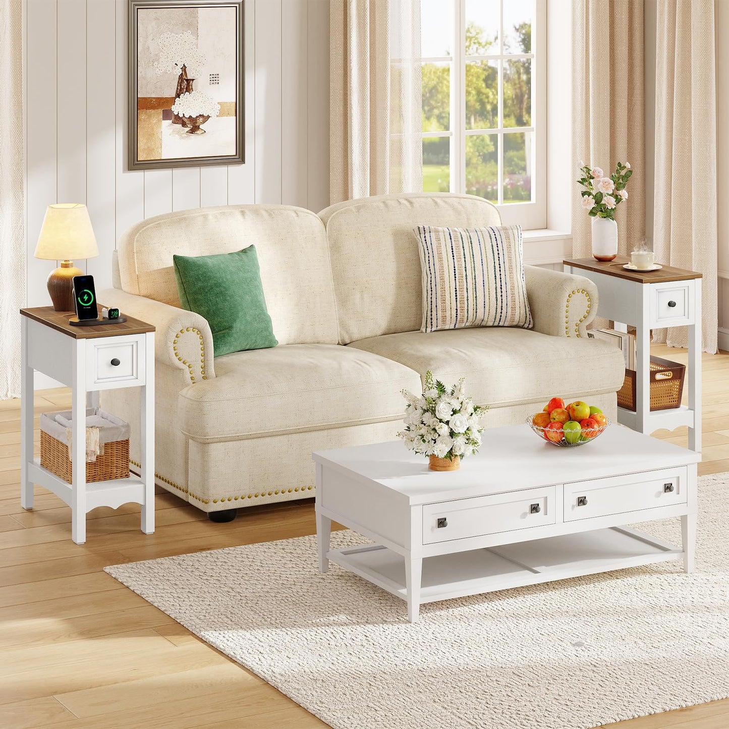 HOOBRO Farmhouse Narrow End Table with Storage Drawer, for Living Room