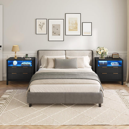 HOOBRO Wooden Wave Wide Nightstand with Charging Station & LED Lights