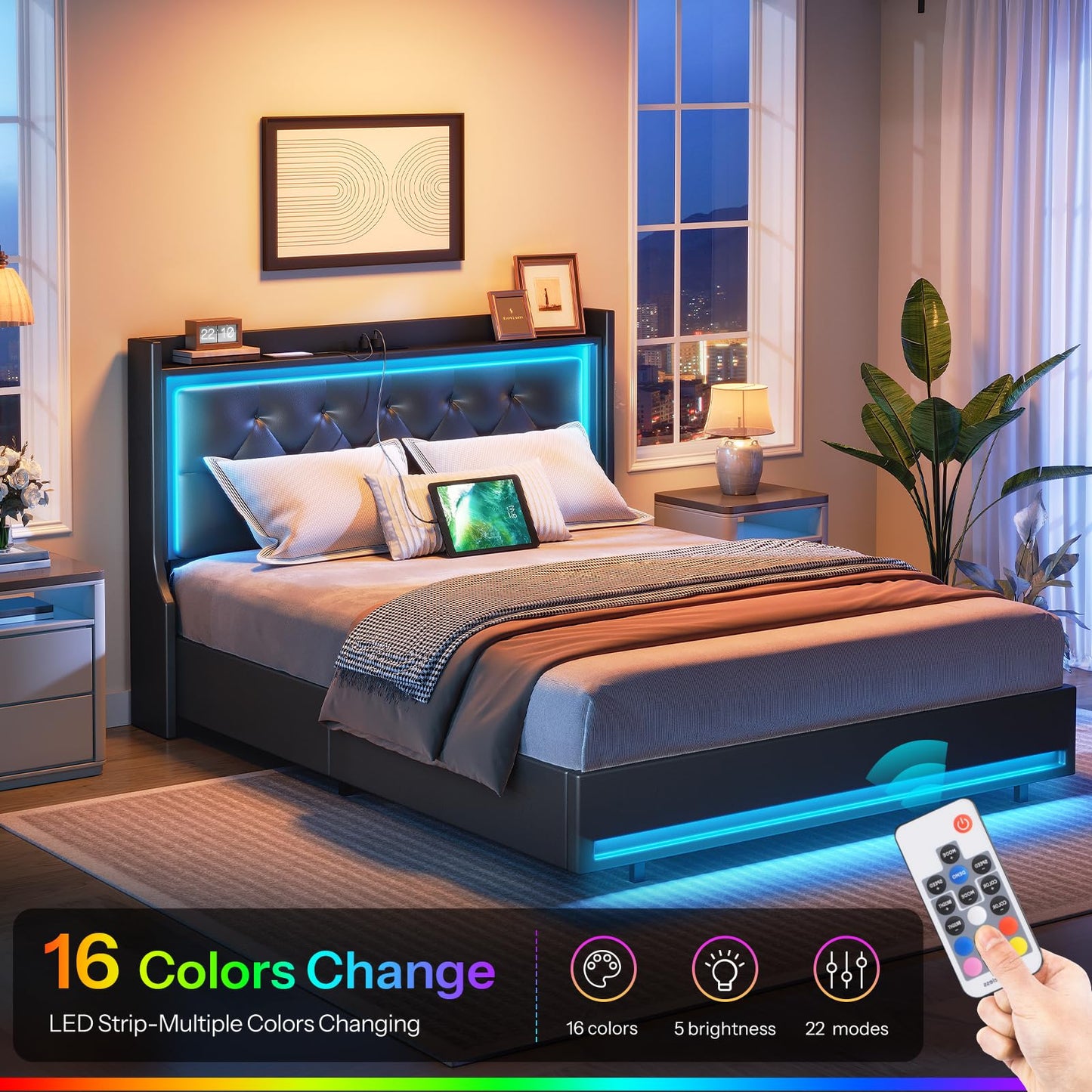 HOOBRO Full Upholstered Bed Frame with Headboard & LED Lights & Charging Station