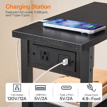 HOOBRO Narrow Side Table, 3-Tier Slim End Table with Charging Station, Skinny Nightstand with Open Storage, for Small Spaces, Living Room, Bedroom, Study, Rustic Brown and Black BB340UBZ01