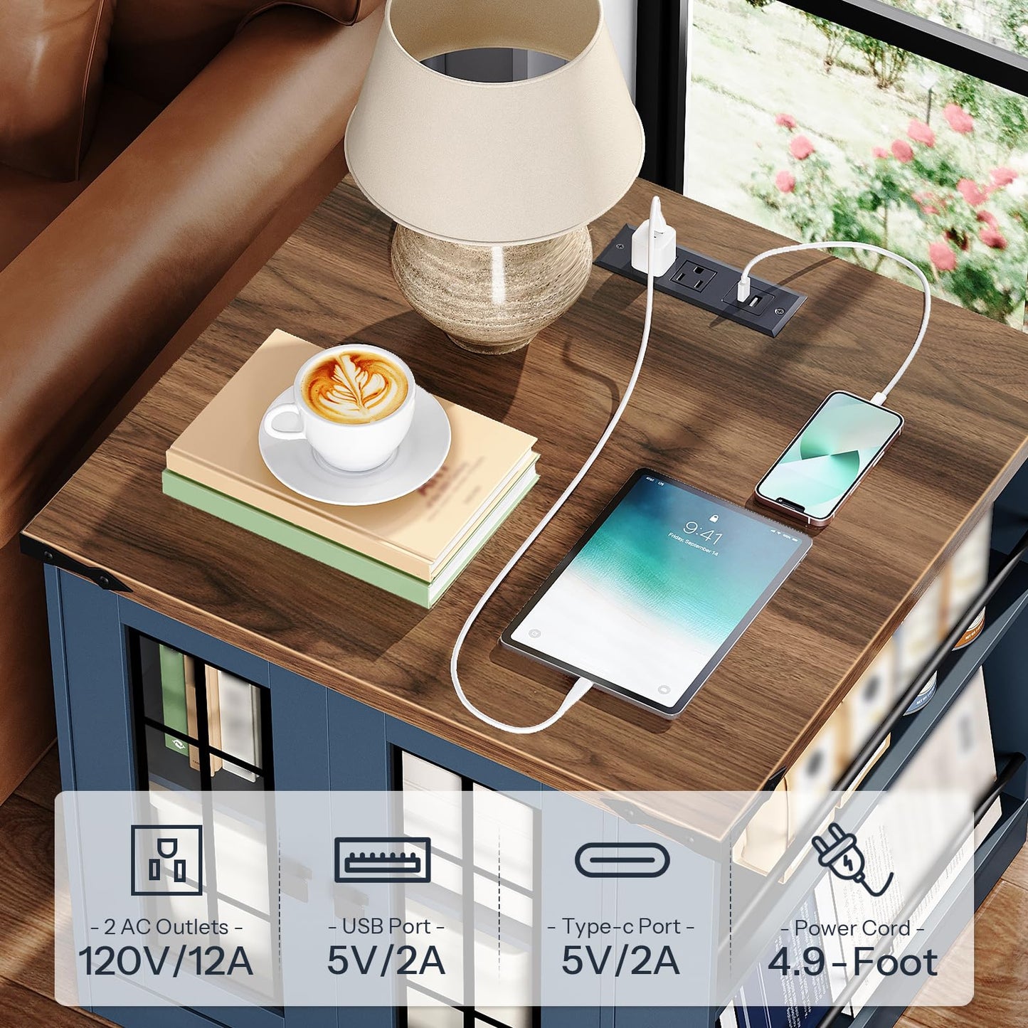 HOOBRO Blue Farmhouse Style 23.6-inch Large Side Table with Charging Station & Side Shelf