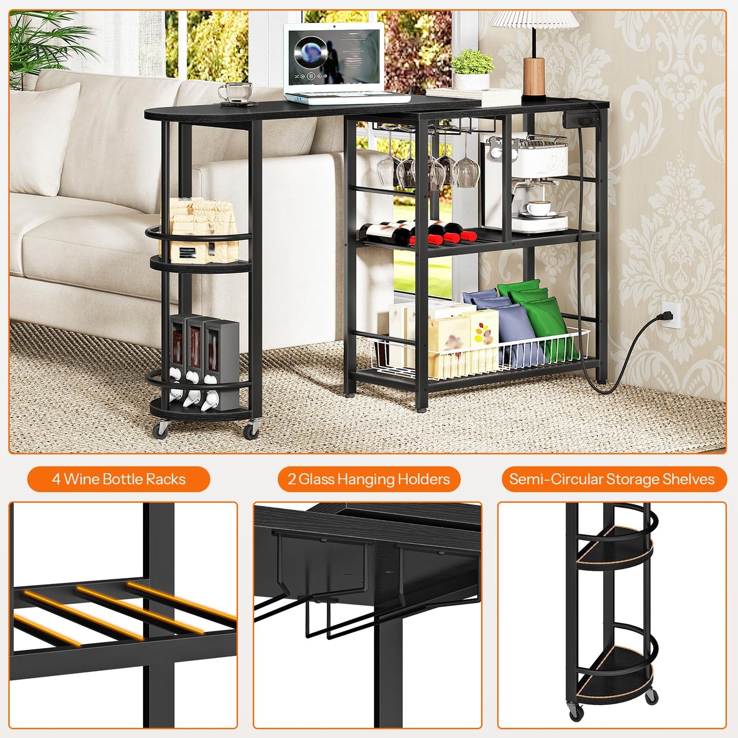 HOOBRO 3-Tier L-Shaped Corner Bar Table with Charging Station