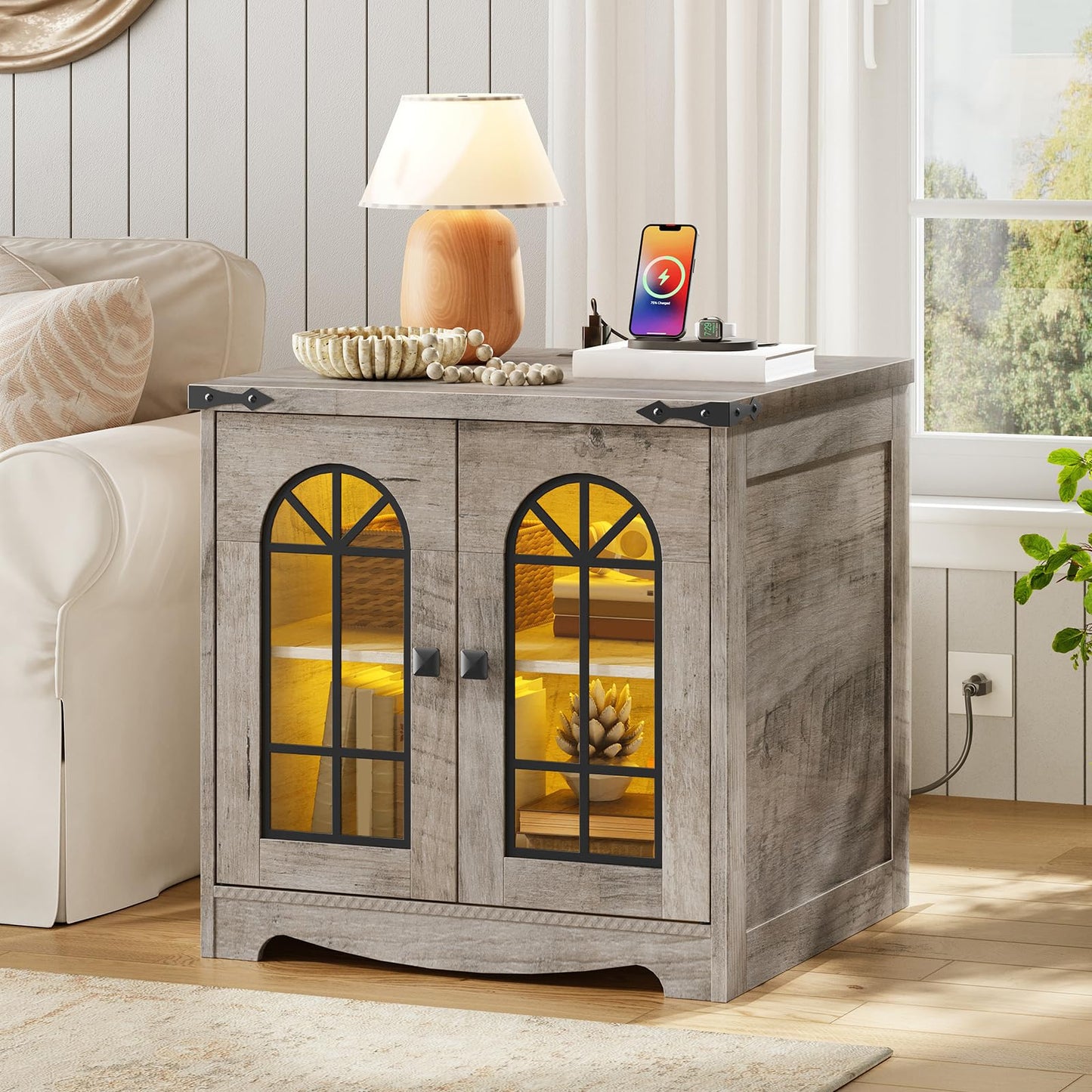 HOOBRO 23.6" Wooden Side Tables & Nightstand with Charging Station & LED Lights