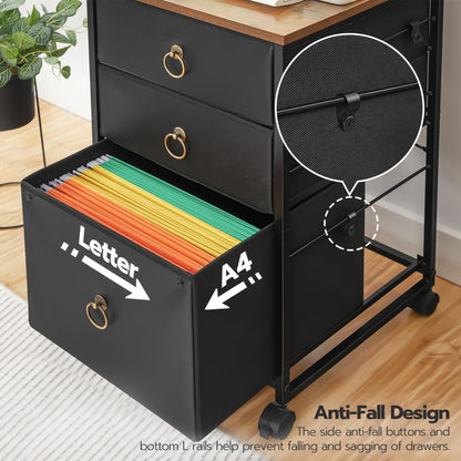 HOOBRO Retro Brown Vertical A4/Letter Size Three-Drawer Mobile Filing Cabinet with Casters & Printer Stand