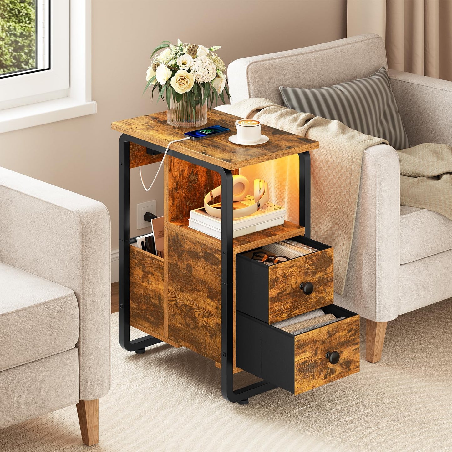 HOOBRO Narrow Nightstand with Charging Station & LED Lights, Narrow Side Table with Fabric Drawer, Open Shelves, Slim End Table for Living Room, Bedroom, Rustic Brown and Black BF430UDBZ01