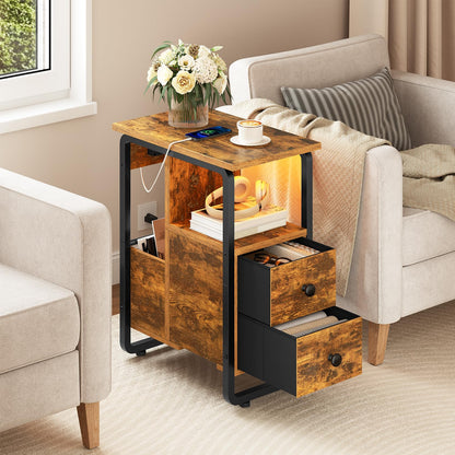 HOOBRO Narrow Nightstand with Charging Station & LED Lights, Narrow Side Table with Fabric Drawer, Open Shelves, Slim End Table for Living Room, Bedroom, Rustic Brown and Black BF430UDBZ01