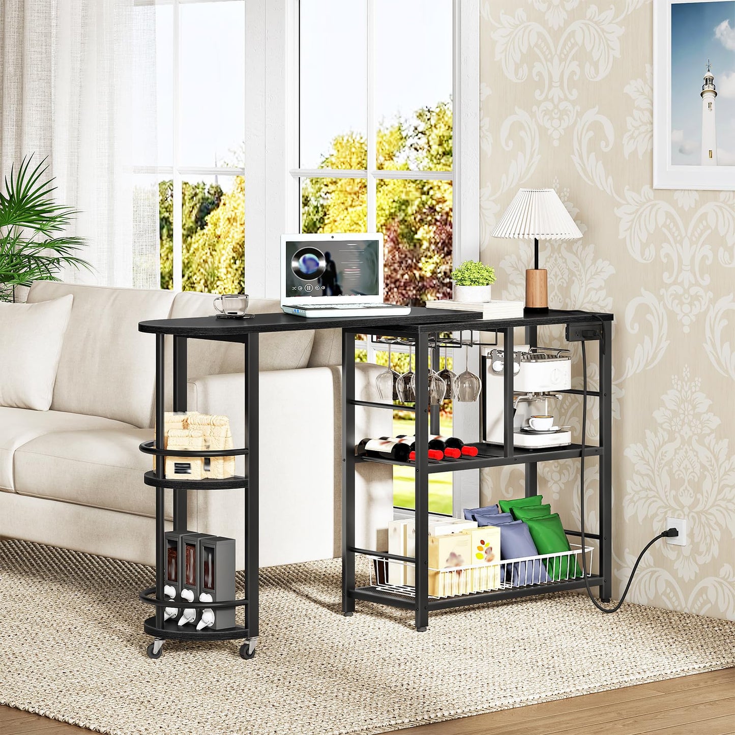 HOOBRO 3-Tier L-Shaped Corner Bar Table with Charging Station