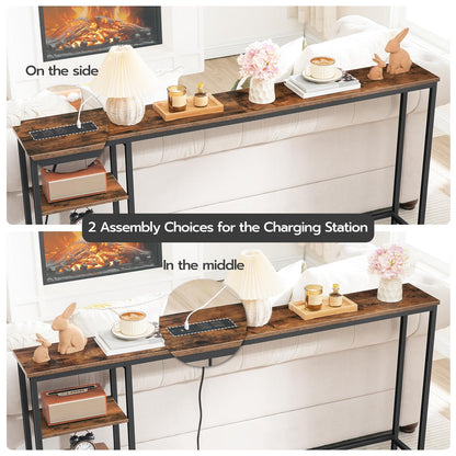 HOOBRO Retro Brown 63-inch Console Table with Power Outlet & Storage & Shelves