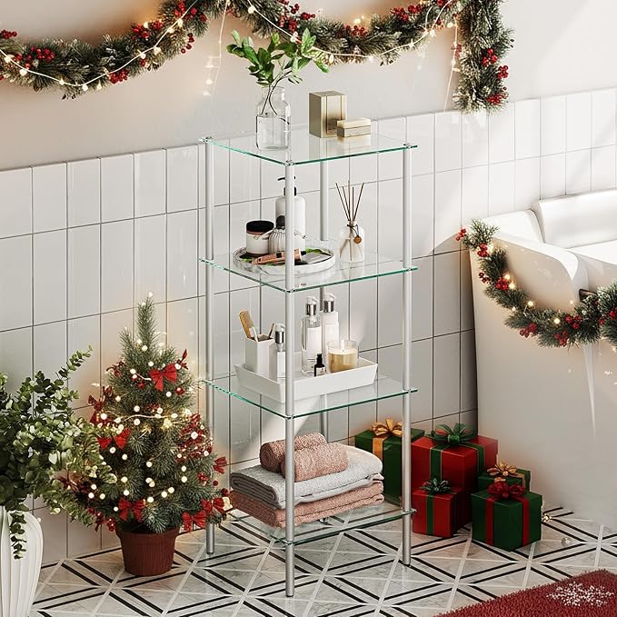 Decorative room with a glass shelf, Christmas tree, and festive decorations.
