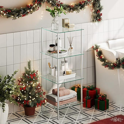 Decorative room with a glass shelf, Christmas tree, and festive decorations.