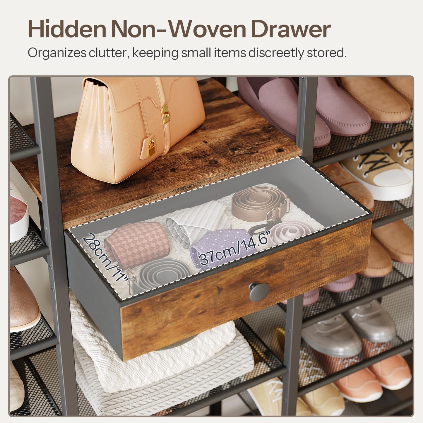 Hidden non-woven drawer in a shoe rack with shoes and bags on shelves.