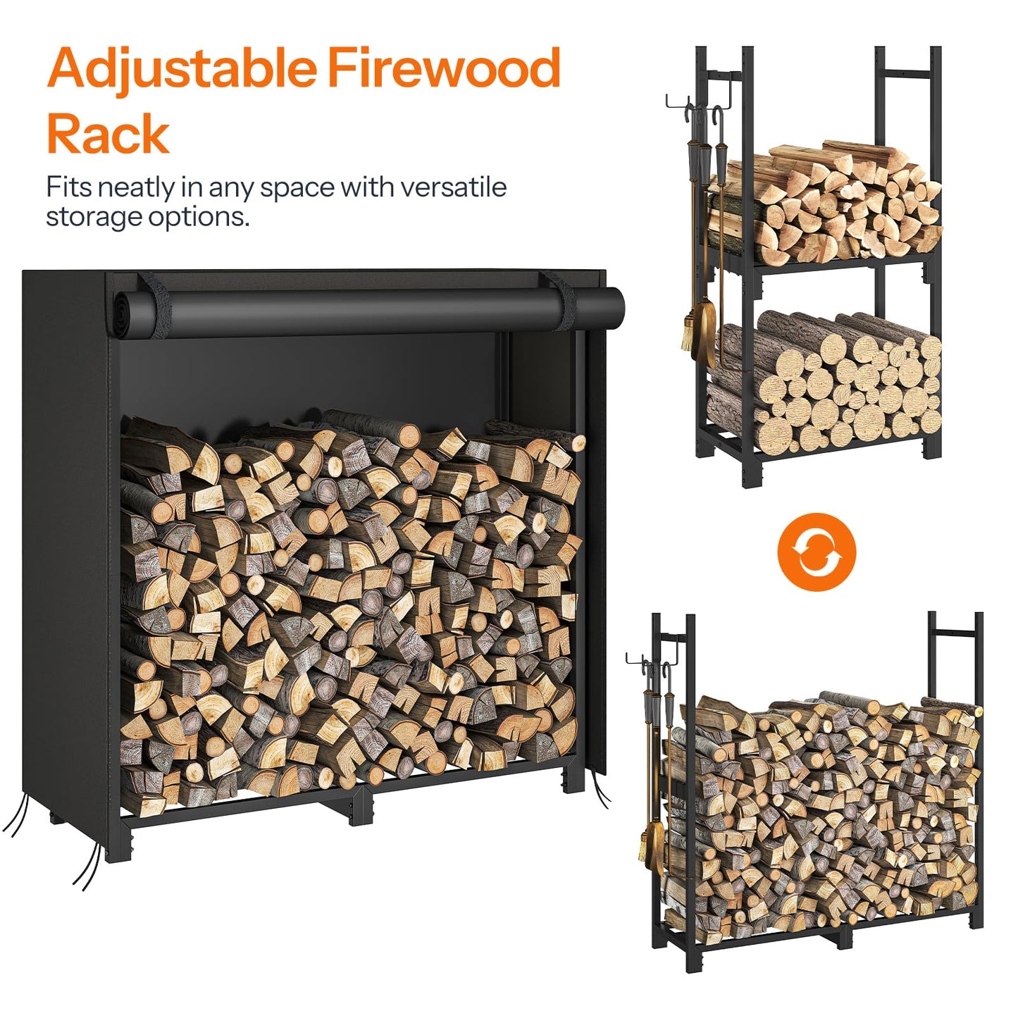 HOOBRO 4FT Adjustable Firewood Rack with 2 Hooks & Cover