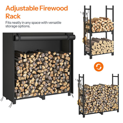 HOOBRO 4FT Adjustable Firewood Rack with 2 Hooks & Cover
