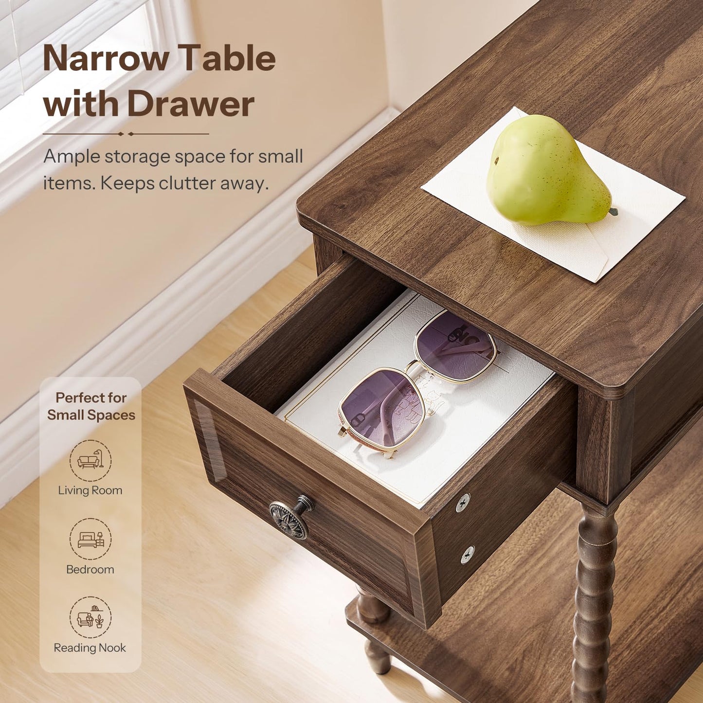 HOOBRO Narrow Side Table with Drawer, Solid Wood Legs Nightstand, for Home