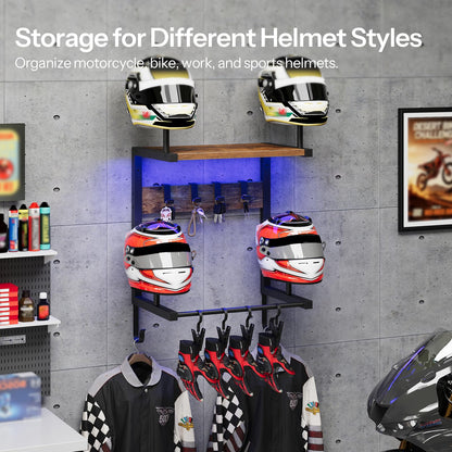 HOOBRO Wall-Mounted Helmet Rack with Light, 4 Holders, Rustic Brown