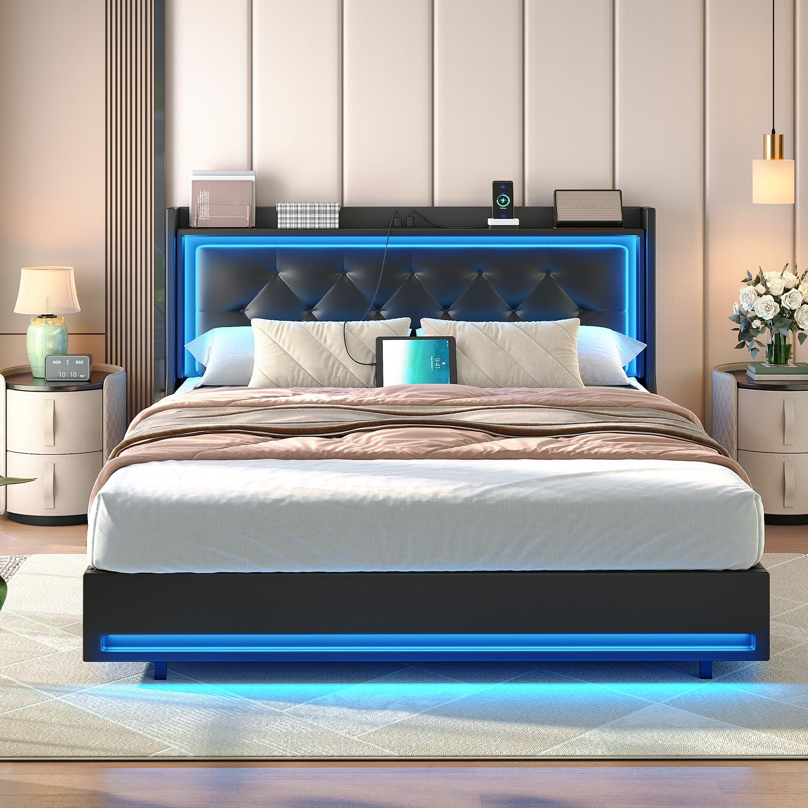 Modern bedroom with a bed featuring a blue LED strip, nightstands, and decorative items.