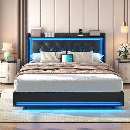 Modern bedroom with a bed featuring a blue LED strip, nightstands, and decorative items.