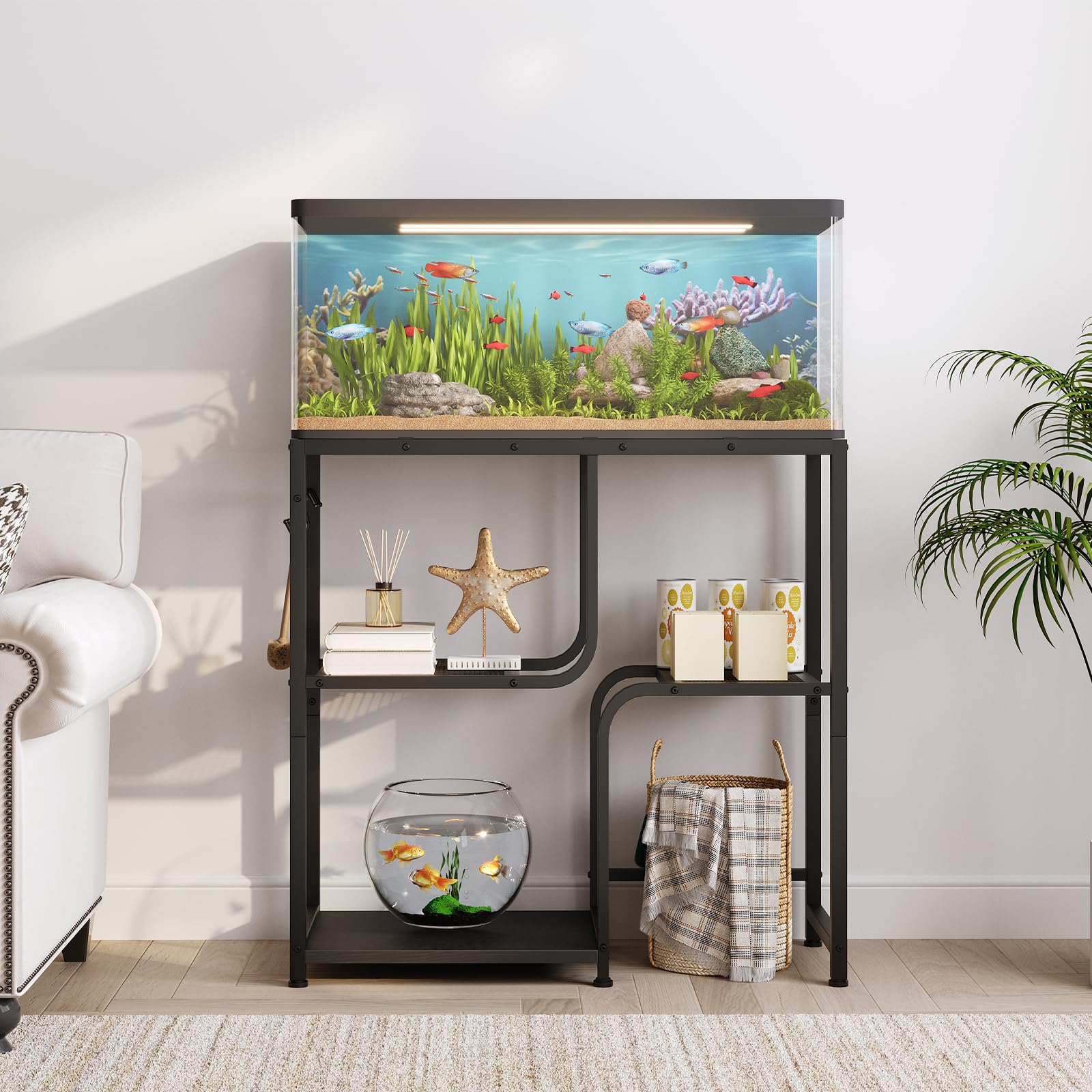 Fish tank with decorative elements on a stand in a home setting