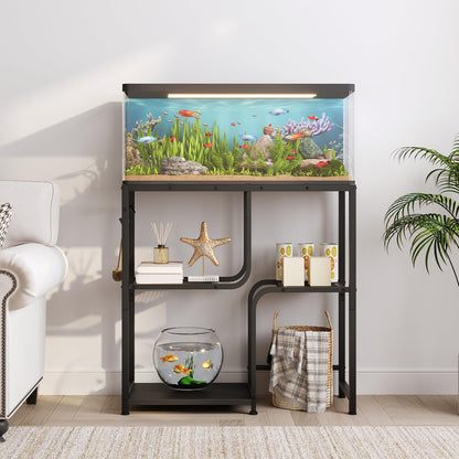 Fish tank with decorative elements on a stand in a home setting