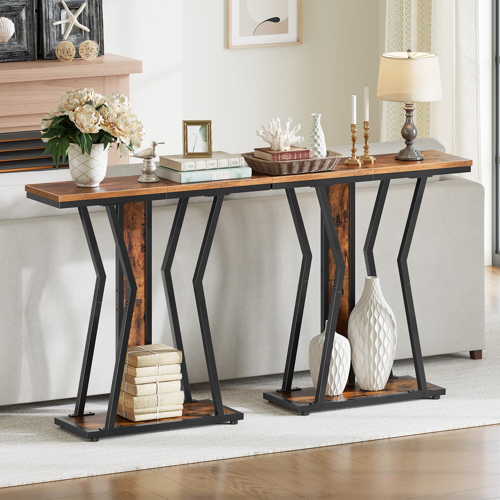 Console table with decorative items in a living room setting