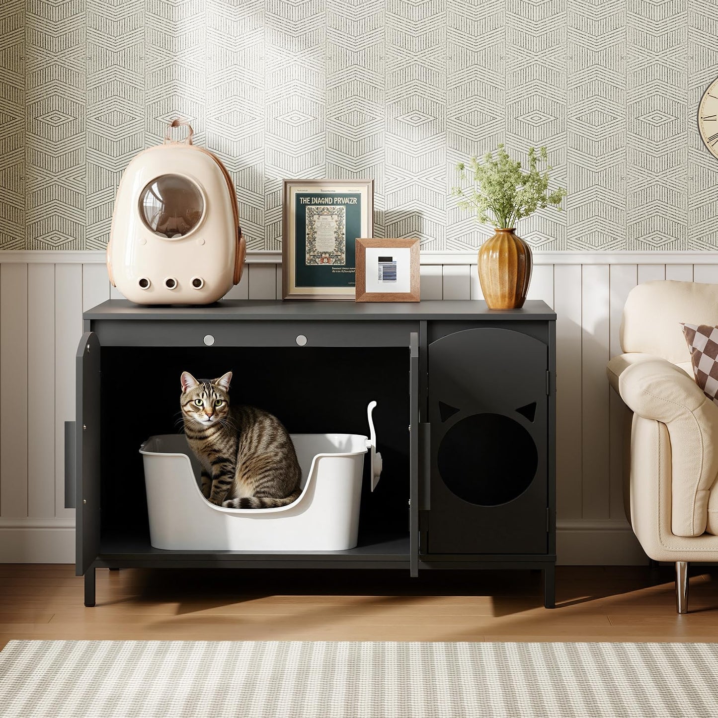 HOOBRO Black Concealed Elegant Arched Door Design Wooden Cat Head Decor Cat Litter Box Storage Cabinet