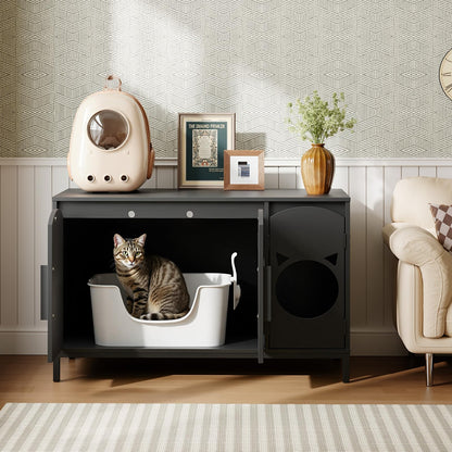 HOOBRO Black Concealed Elegant Arched Door Design Wooden Cat Head Decor Cat Litter Box Storage Cabinet