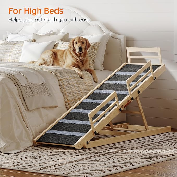 Dog using a wooden pet ramp to reach a high bed in a bedroom setting.