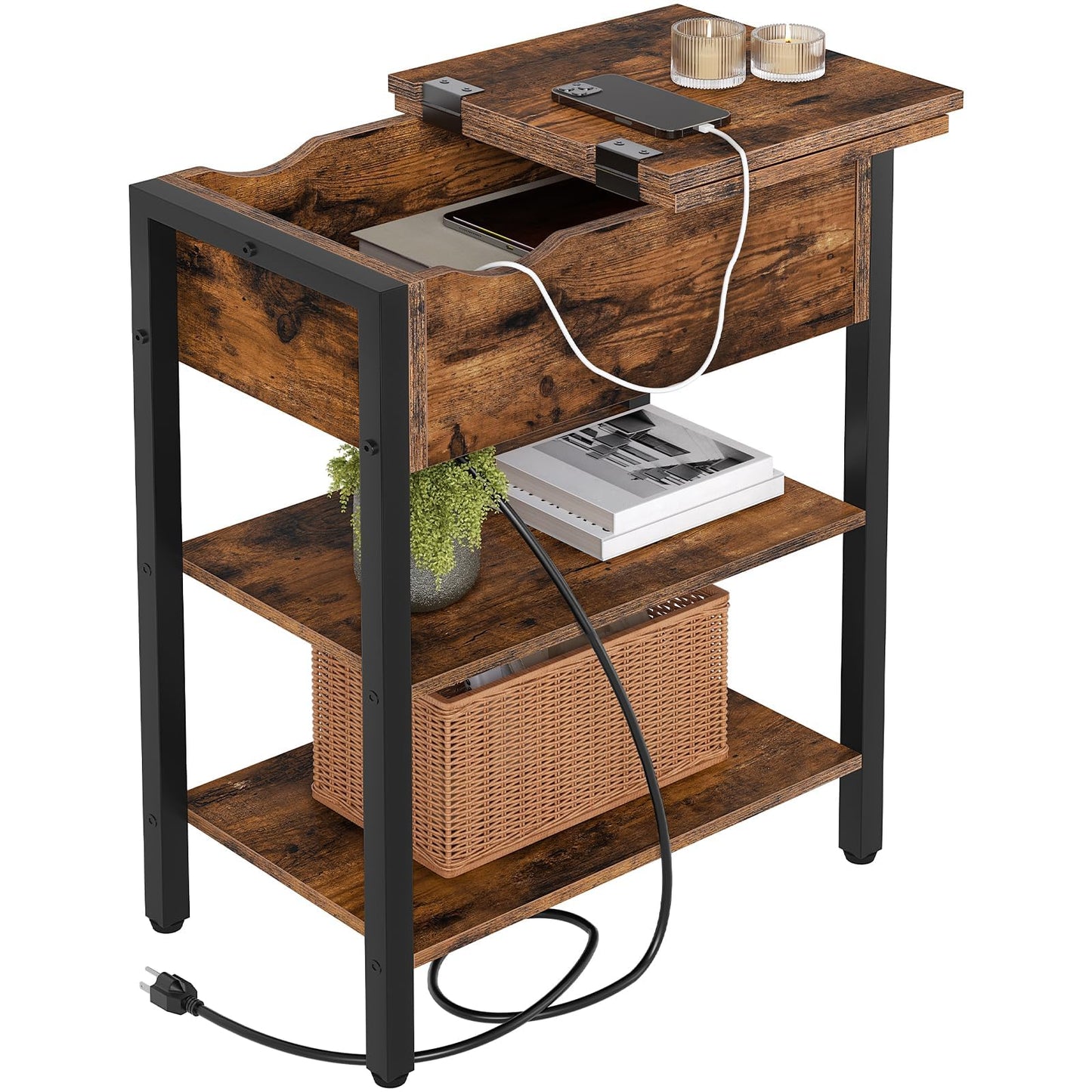 HOOBRO Retro Brown Flip-Top Narrow Side Table with USB Port/Socket/Shelf