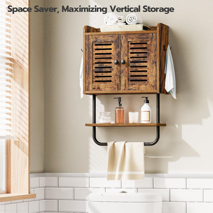 HOOBRO Retro Brown Double Door Bathroom Vanity with Towel Bar & Adjustable Shelf & 2 Hooks