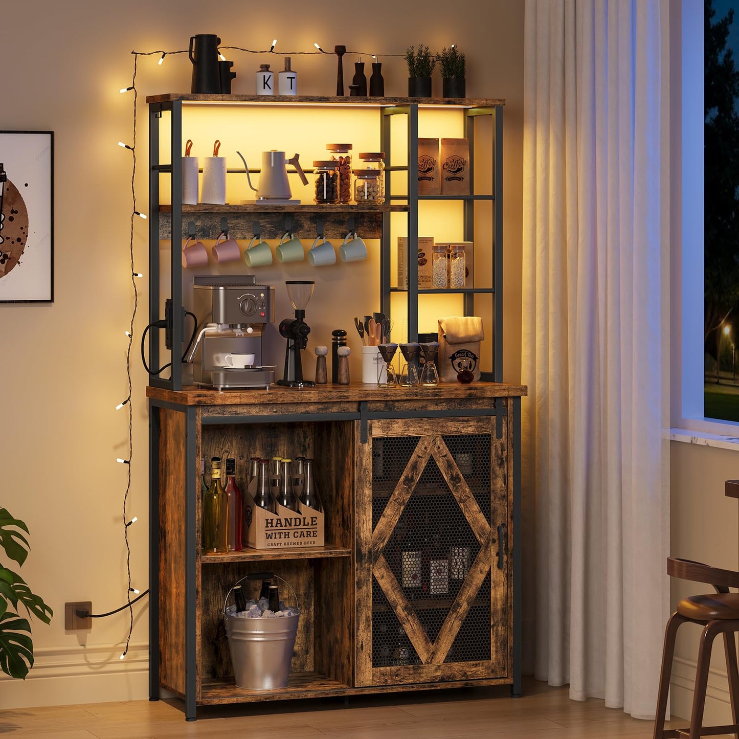 Wooden bar cabinet with shelves and lights in a home setting
