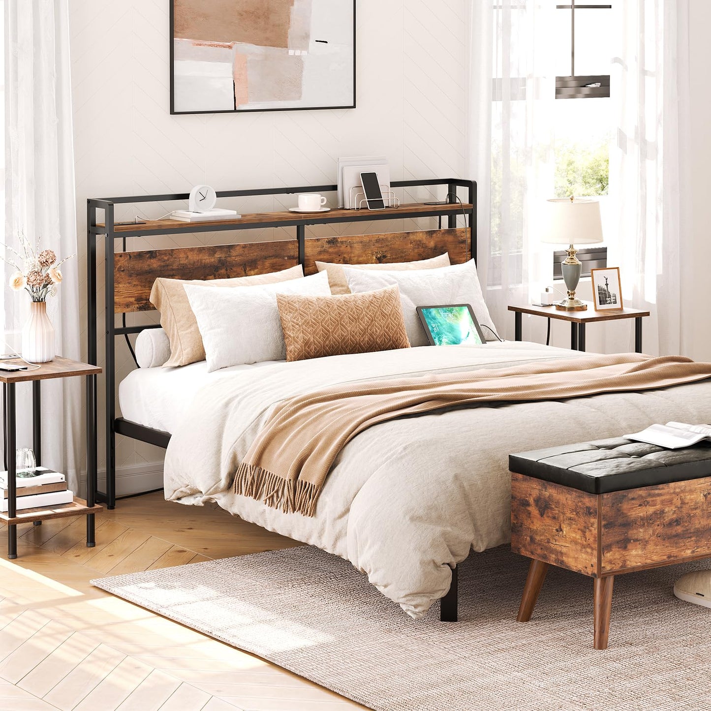 HOOBRO Height-Adjustable Queen Size Headboard with 2 Power Outlets & 4 USB Ports