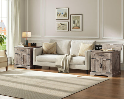 HOOBRO 23.6-inch Country Style Large Flip-Up Side Table with Charging Station & Drawers