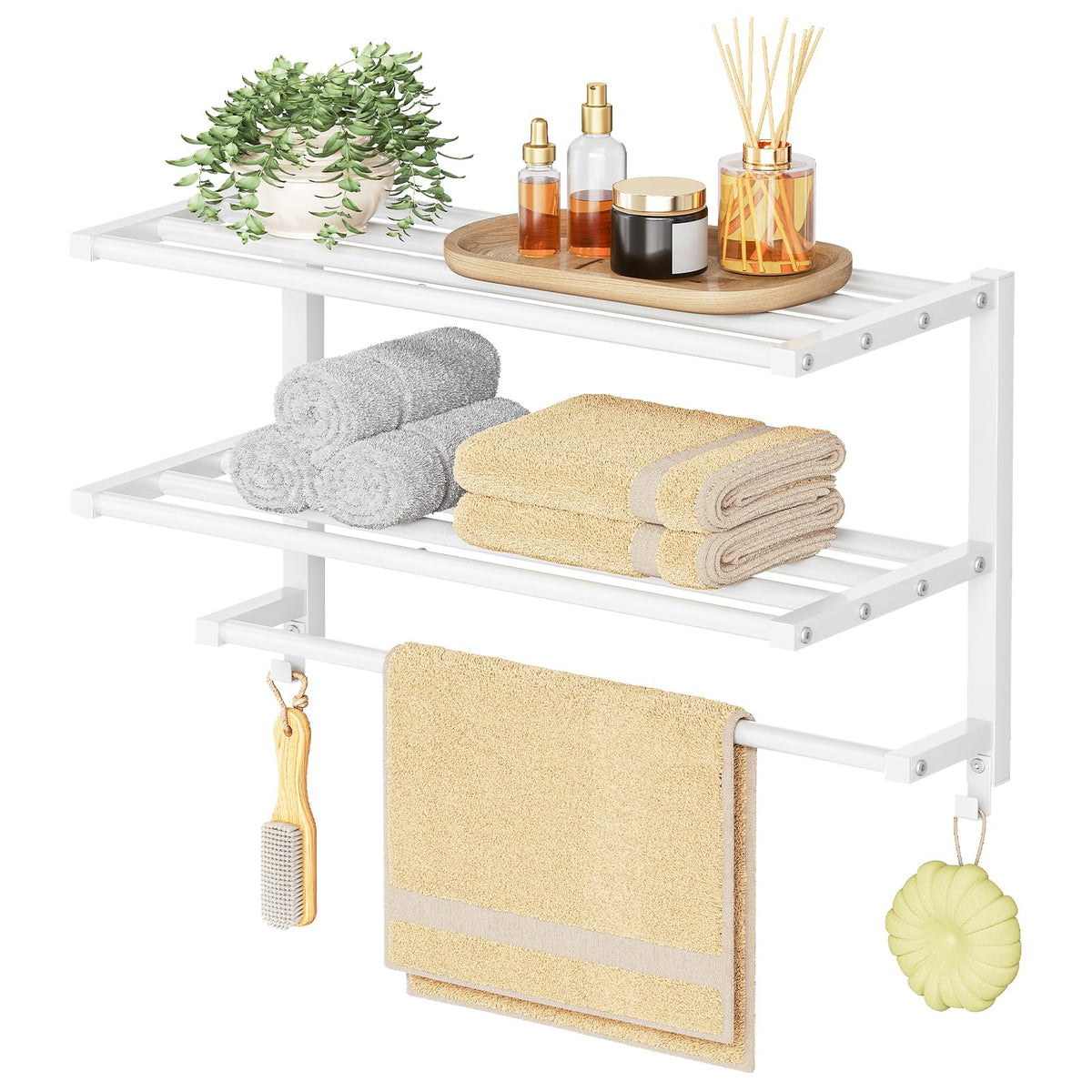 HOOBRO 23.8" Towel Rack for Bathroom, 3 Tier Towel Shelf with Tower Bars, Bathroom Storage Organizer for Towels and Toiletries, Towel Holder Wall Mounted with 2 Hooks, White WT08LB01