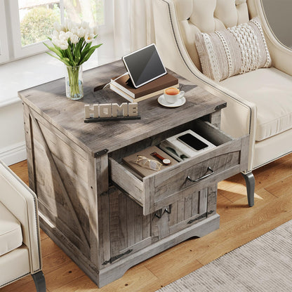 HOOBRO 23.6-inch Country Style Large Flip-Up Side Table with Charging Station & Drawers