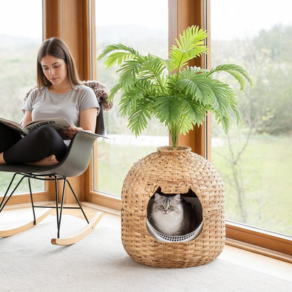 HOOBRO  Natrual Hand-woven Rattan Style Large Cat Litter Box with Litter Scoop & Odor Filter & Decorative Plants