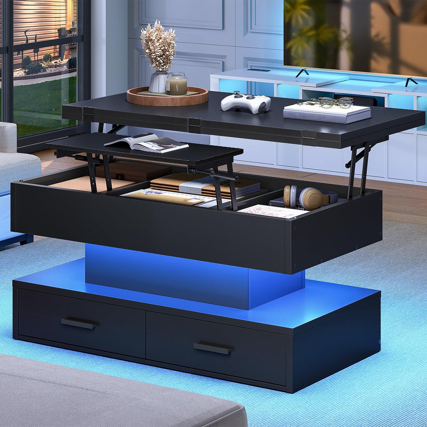 Black coffee table with lift-top design in a modern living room setting