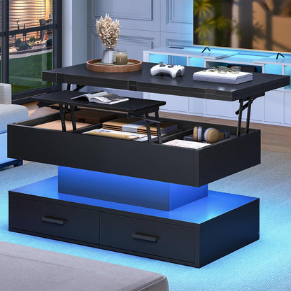 Black coffee table with lift-top design in a modern living room setting