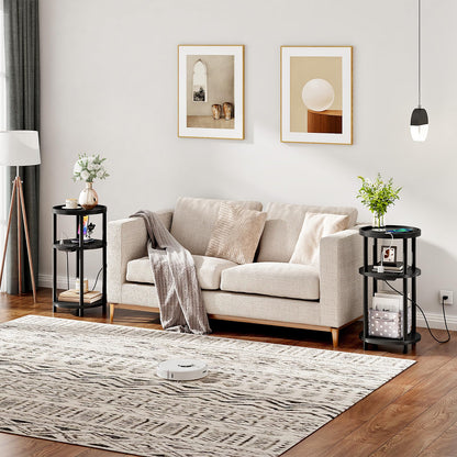 HOOBRO 3-Tier Bamboo Round Side Table with Charging Station