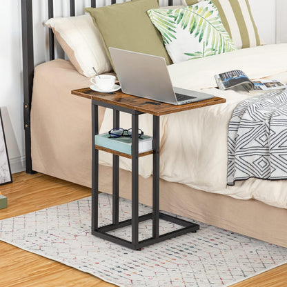 HOOBRO Foldable C Shaped End Table, C Shaped Side Table with Storage Shelf, Slide Under Couch Table for Sofa, Small Spaces, for Living Room, Bedroom, Easy Assembly, Rustic Brown BF29SF01