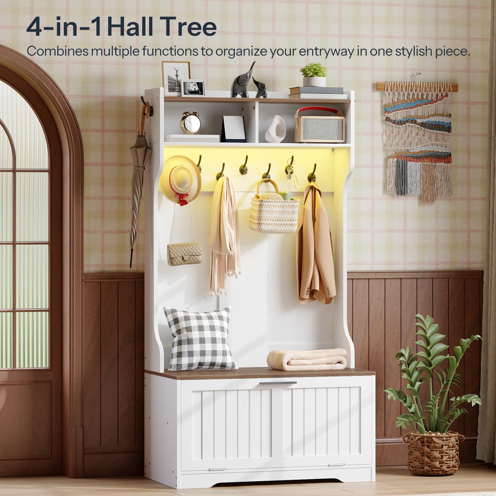 4-in-1 hall tree with storage bench, hooks, and shelves in a room setting.