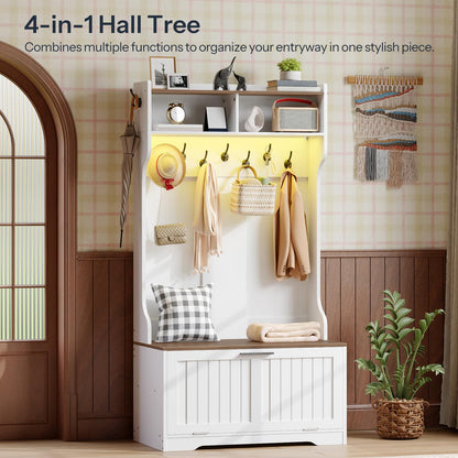 4-in-1 hall tree with storage bench, hooks, and shelves in a room setting.
