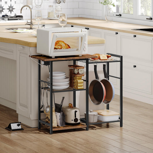 HOOBRO Bakers Rack & Microwave Stand with Power Outlet & Hooks